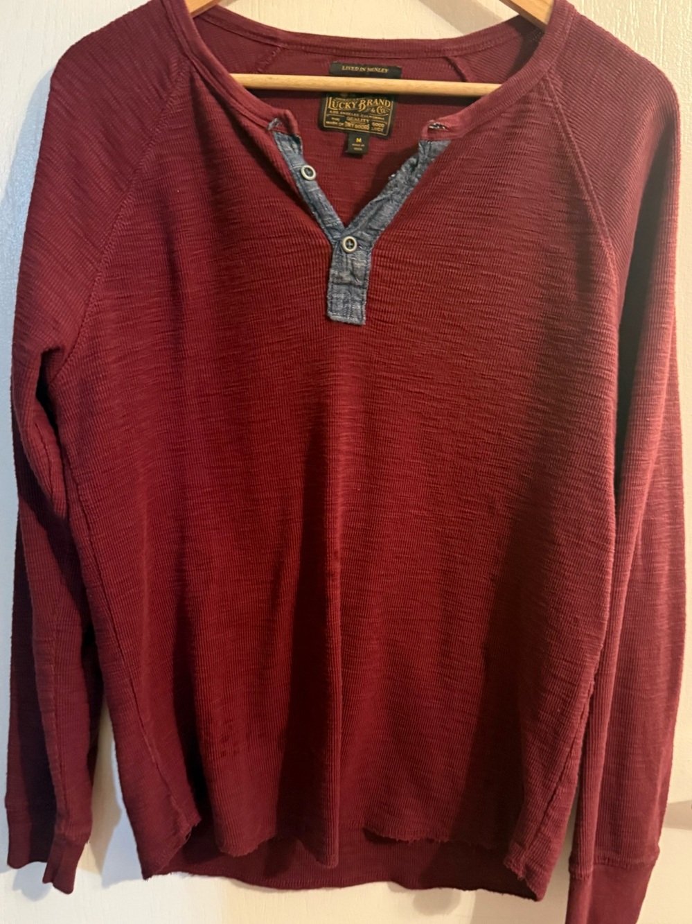 Lucky Brand Men's Burgundy Crewneck Henley with Chambray Placket